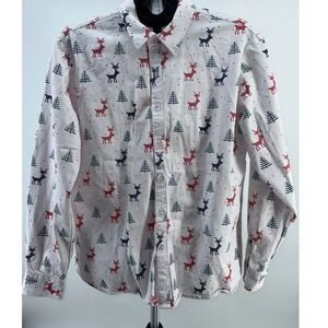 JOGAL Men's Christmas Holiday Button Down Shirt Reindeer Trees L Large‎ COTTON